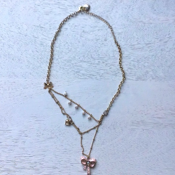 Betsey Johnson Jewelry - Gold-Tone Pink Bow Three-Row Pendant Necklace